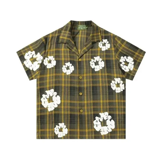 Denim Tears Short-Sleeve Button-Up Shirt Plaid with Floral Appliqué