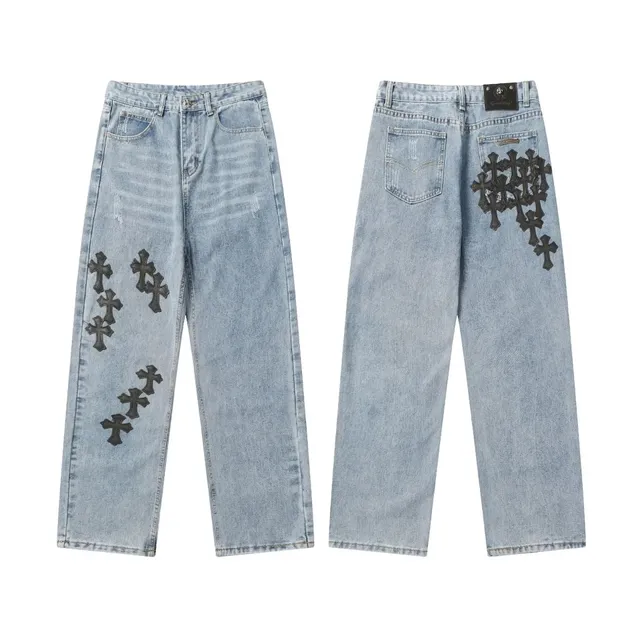 Chrome Hearts Cross Patch Jeans Light Wash with Black Cross Patches