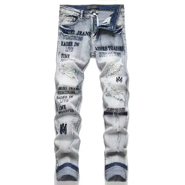 Amiri Distressed Print Jeans Washed Grey with Text Print