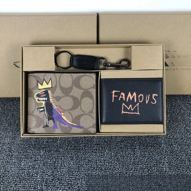 Coach Bifold Wallet & Keychain Set Basquiat Dinosaur and Famous Crown