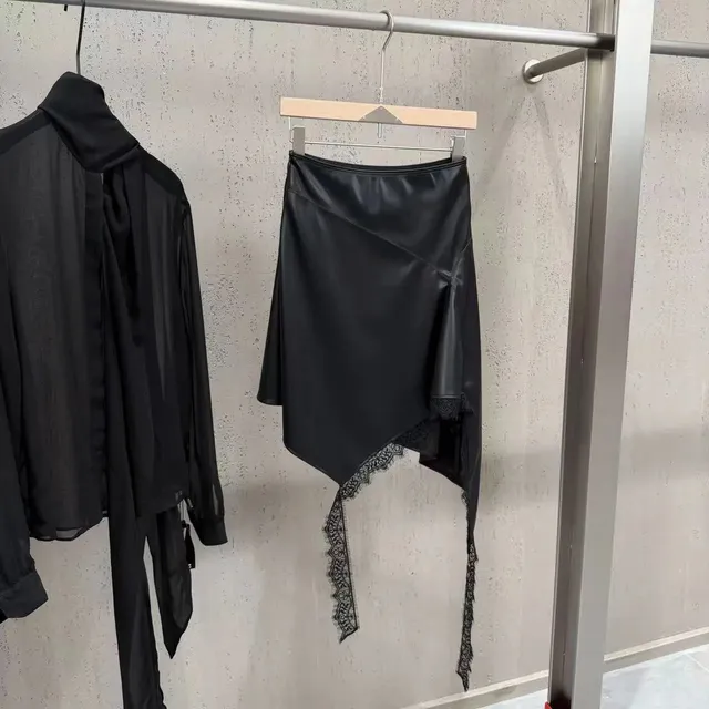 Asymmetrical Leather Skirt Lace Trim