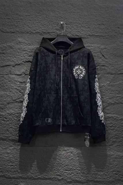 Chrome Hearts Zip-Up Hoodie All-Over Cross Print with Sleeve Scrollwork