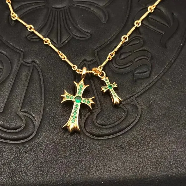 Chrome Hearts Cross Pendant Necklace Emerald-Set Double Cross