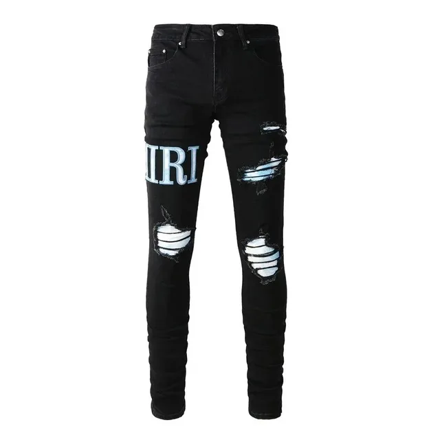 Amiri Distressed Logo Jeans Black with Light Blue Embroidery