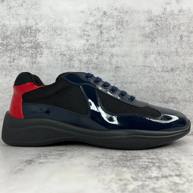 Prada Linea Rossa Trainer Navy Patent with Red Heel