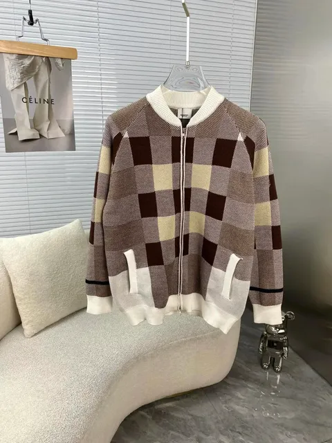 Burberry Check Knit Bomber Brown Beige Grid