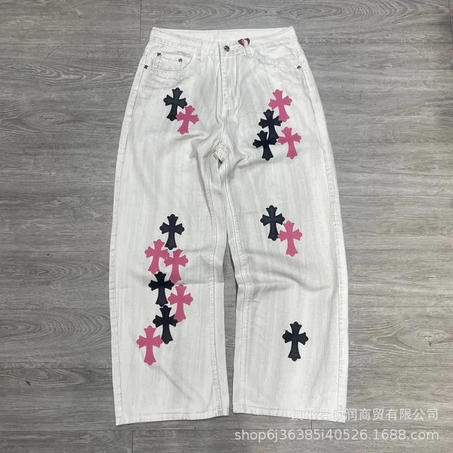 Chrome Hearts Cross-Embroidered Jeans White with Black and Pink Crosses