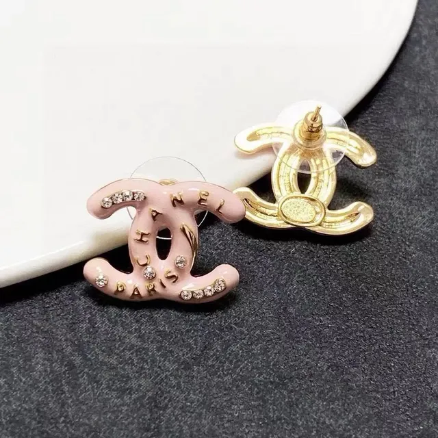 Chanel CC Logo Earrings Pink Enamel with Crystals