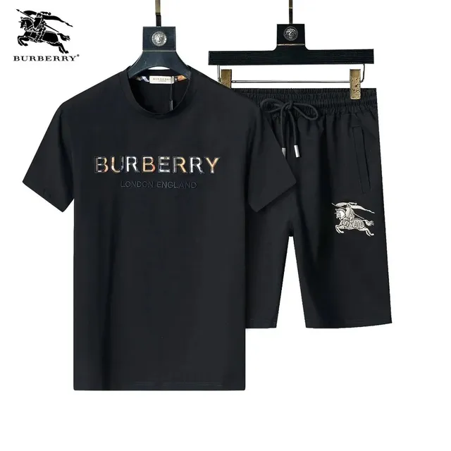 Burberry Logo Tee and Shorts Set Black with Embroidered Equestrian Knight
