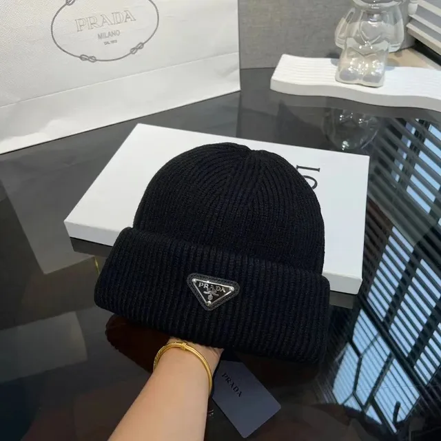 Prada Ribbed Beanie Triangle Logo