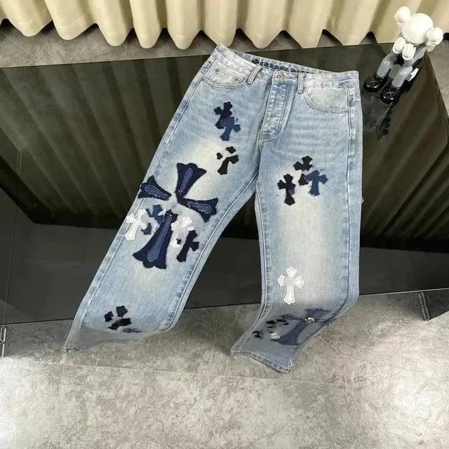 Chrome Hearts Cross Patch Jeans Light Wash with Embroidered Crosses