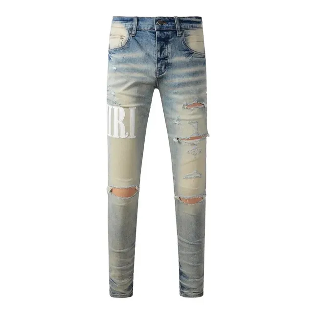 Amiri Distressed Slim Fit Jeans Logo Print Ripped