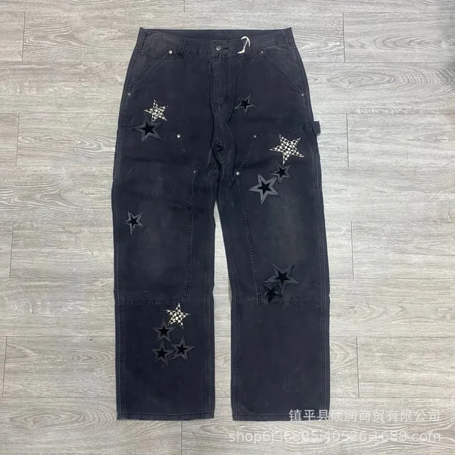 Corteiz Star Patch Cargo Jeans Checkerboard Star Embroidery