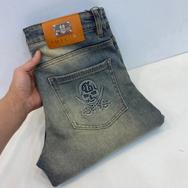 Philipp Plein Skull Embroidery Jeans Washed Grey