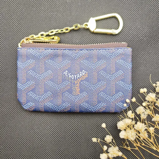 Goyard Zippered Key Pouch Blue and Beige Chevron