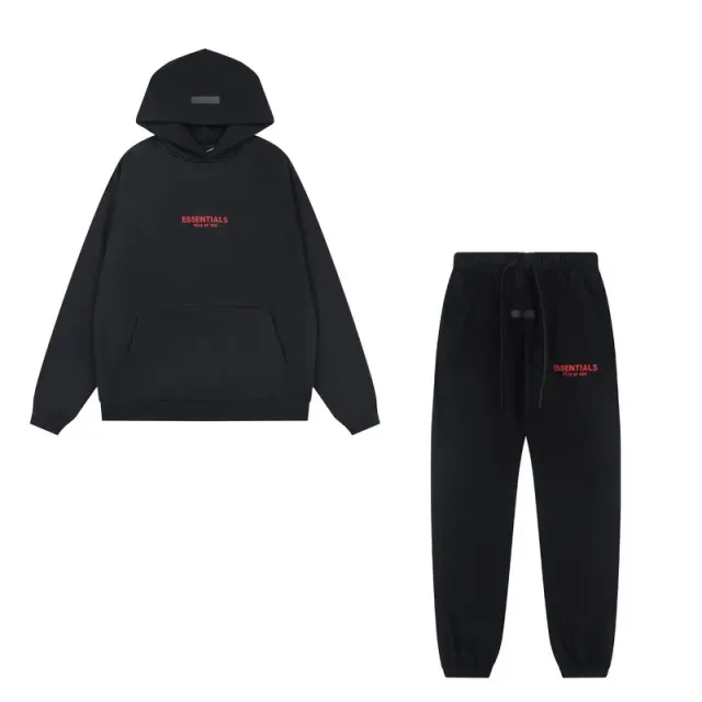 Fear of God Essentials Essentials Hoodie and Joggers Set Black with Red Logo