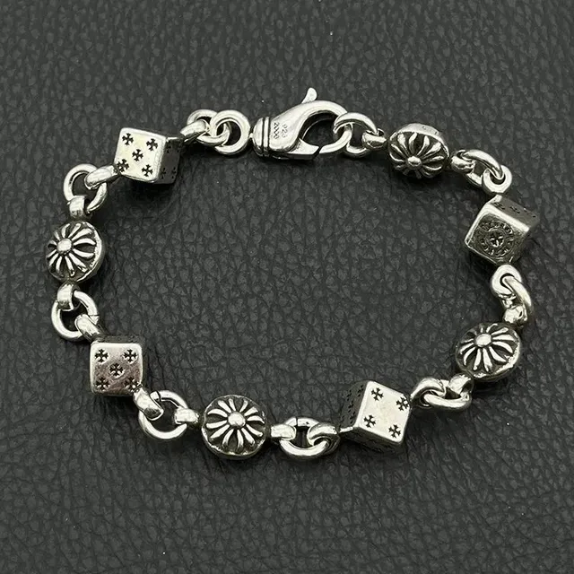 Chrome Hearts Dice Bracelet Silver Dice and Floral Links