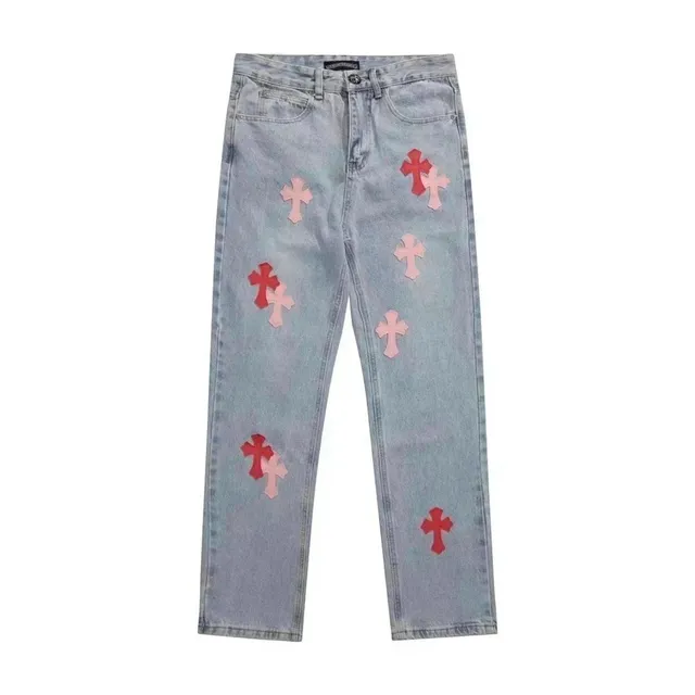 Chrome Hearts Cross Patch Jeans Light Wash with Red and Pink Cross Patches