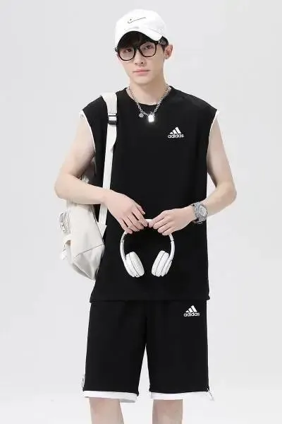 Adidas Sleeveless Top and Shorts Set Black with White Trim