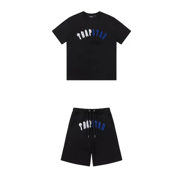 Trapstar Logo Tee and Shorts Set Black with White and Blue Arch Logo