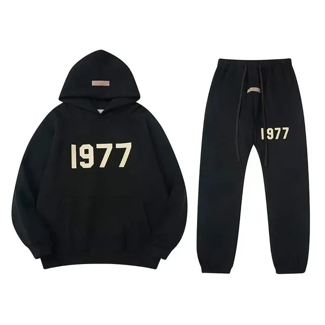 Fear of God Essentials 1977 Hoodie and Joggers Set Black with Cream Logo