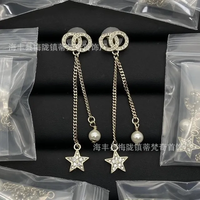 Chanel Double C Chain Earrings Crystal Star Pearl Drop