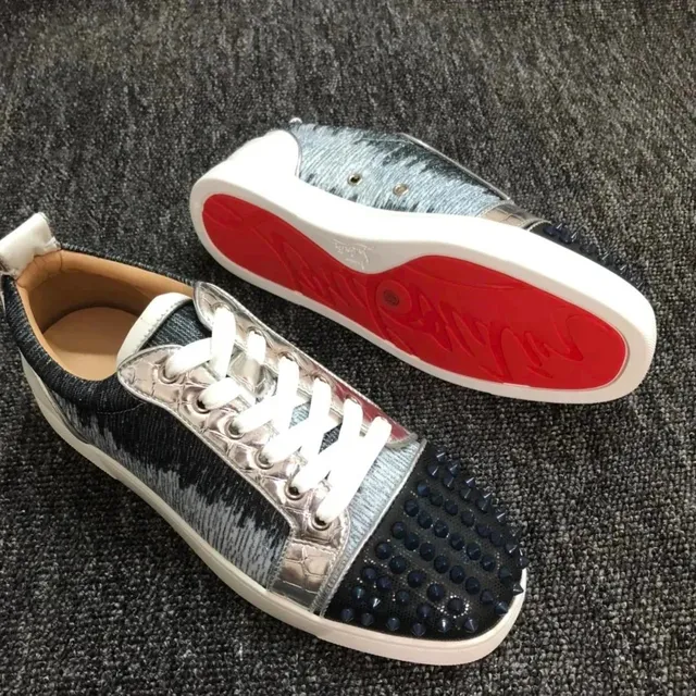 Christian Louboutin Louis Junior Spikes Denim and Croc-Embossed Leather