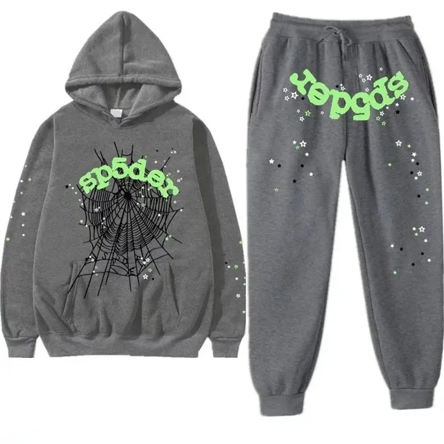 Sp5der Spider Web Hoodie and Joggers Set Neon Green Spider Web Print
