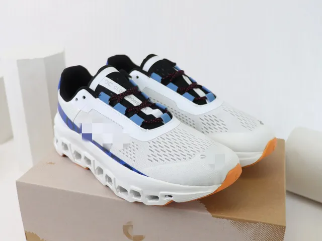 On Cloudmonster White Blue Orange