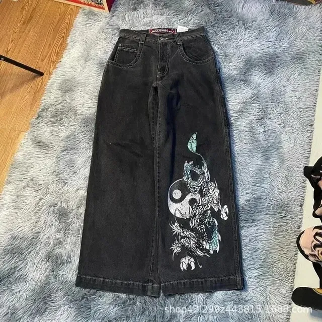 Wide-Leg Jeans Dragon Yin-Yang Print