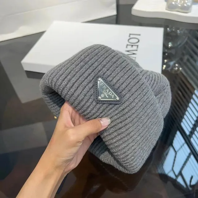 Prada Ribbed Beanie Triangle Logo