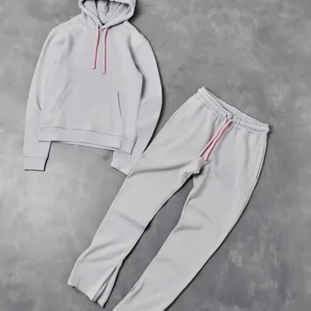 Hoodie and Joggers Set Light Grey with Pink Drawstrings