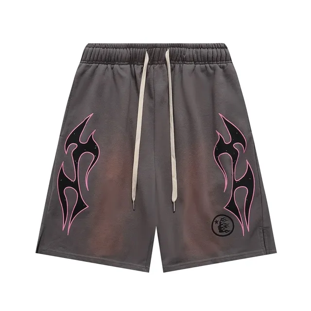 Hellstar Flame Print Shorts Gradient Grey with Pink Flame Outline