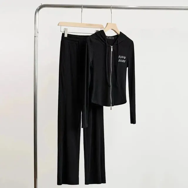 Miu Miu Ribbed Hooded Top and Trousers Set Crystal Logo