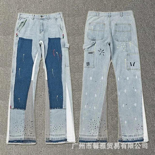 Patchwork Denim Trousers Distressed Paint-Splatter