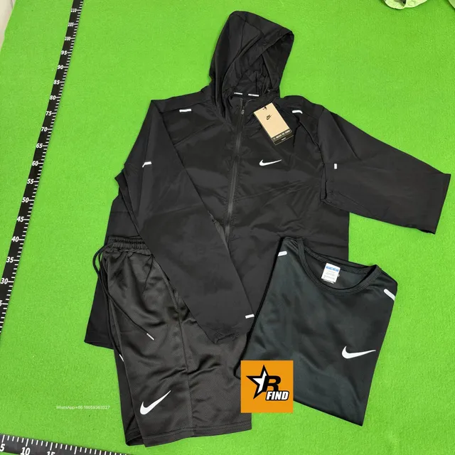 Nike Windrunner Jacket, Shorts & Tee Set Black with White Swoosh
