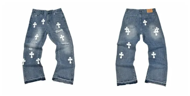 Chrome Hearts Cross-Embellished Jeans Distressed with White Cross Patches