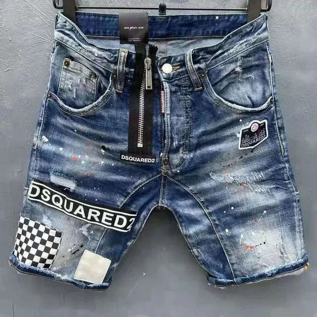 Dsquared2 Distressed Denim Shorts Logo Patch & Paint Splatter
