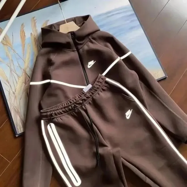 Nike Tech Fleece Tracksuit Brown with White Stripes