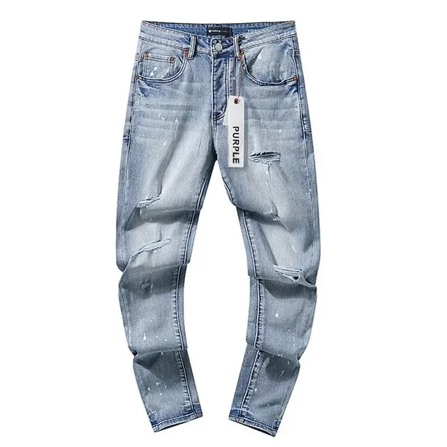 Purple Brand Distressed Slim Fit Jeans Light Wash with Paint Splatter