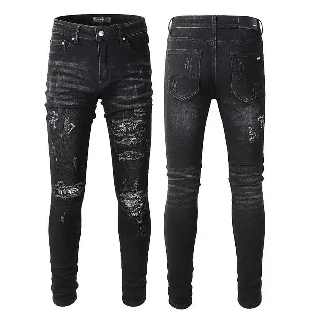 Amiri Distressed Slim Fit Jeans Black Wash with Embroidered Patches