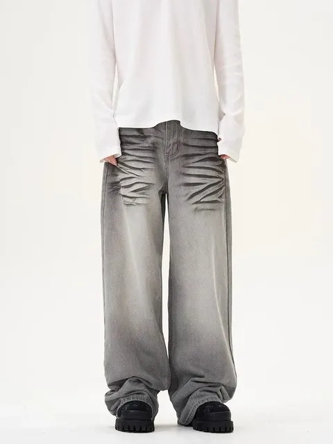 Wide-leg Distressed Jeans Washed Grey with褶皱 Detailing