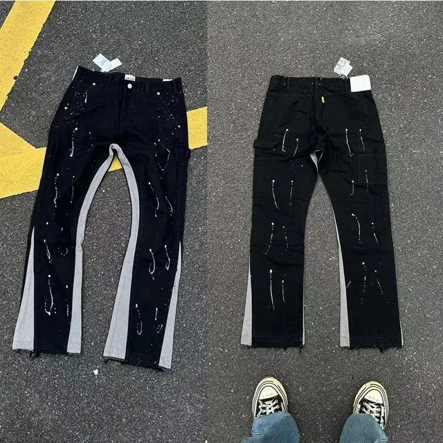 Paint-Splatter Cargo Jeans Black with Grey Side Panels and White Paint Drips