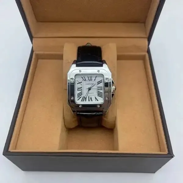 Santos de Cartier Large Steel with Black Leather Strap