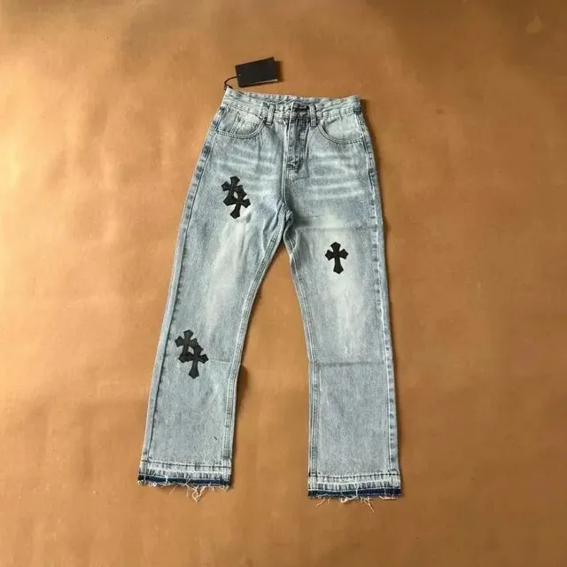 Chrome Hearts Cross Patch Jeans Light Wash with Black Cross Embroidery