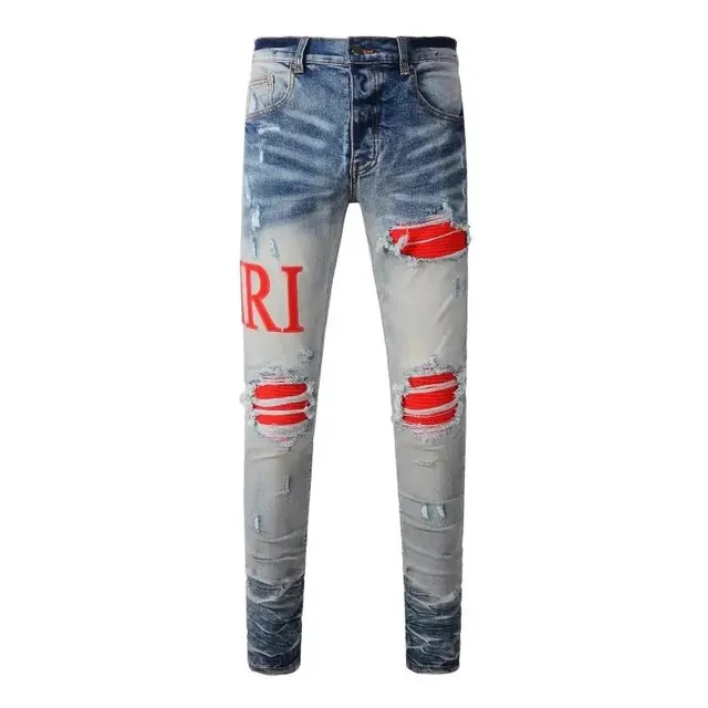 Distressed Slim Fit Jeans Red Logo Print