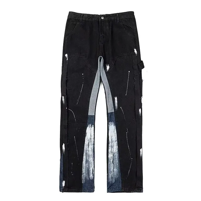 Distressed Paint-Splatter Jeans Black with Grey and Blue Accents