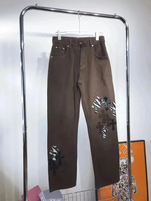 Chrome Hearts Cross Patch Jeans Brown with Leather Cross Patches