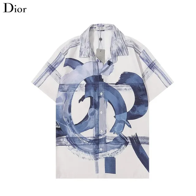 Dior Printed Short-Sleeve Shirt Abstract Blue Brushstroke