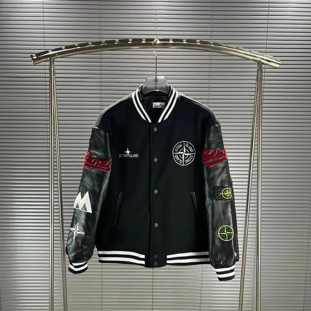 Stone Island Varsity Jacket Leather Sleeve Patchwork